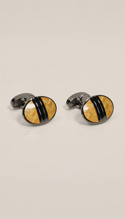 Brushed Herringbone Stainless Steel Cufflinks Silver Yellow - Ron Tomson