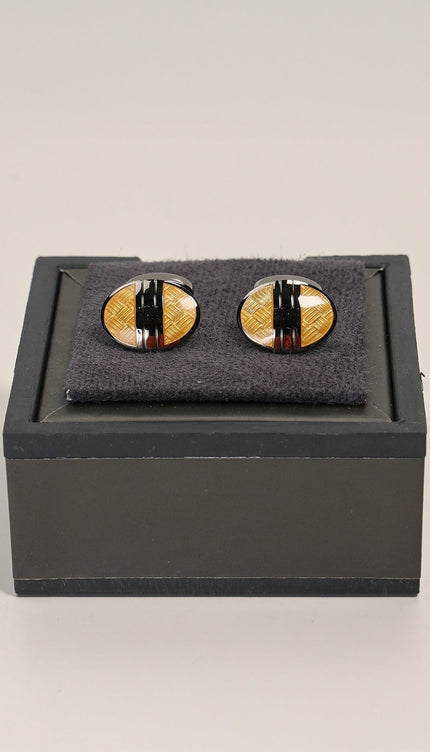 Brushed Herringbone Stainless Steel Cufflinks Silver Yellow - Ron Tomson