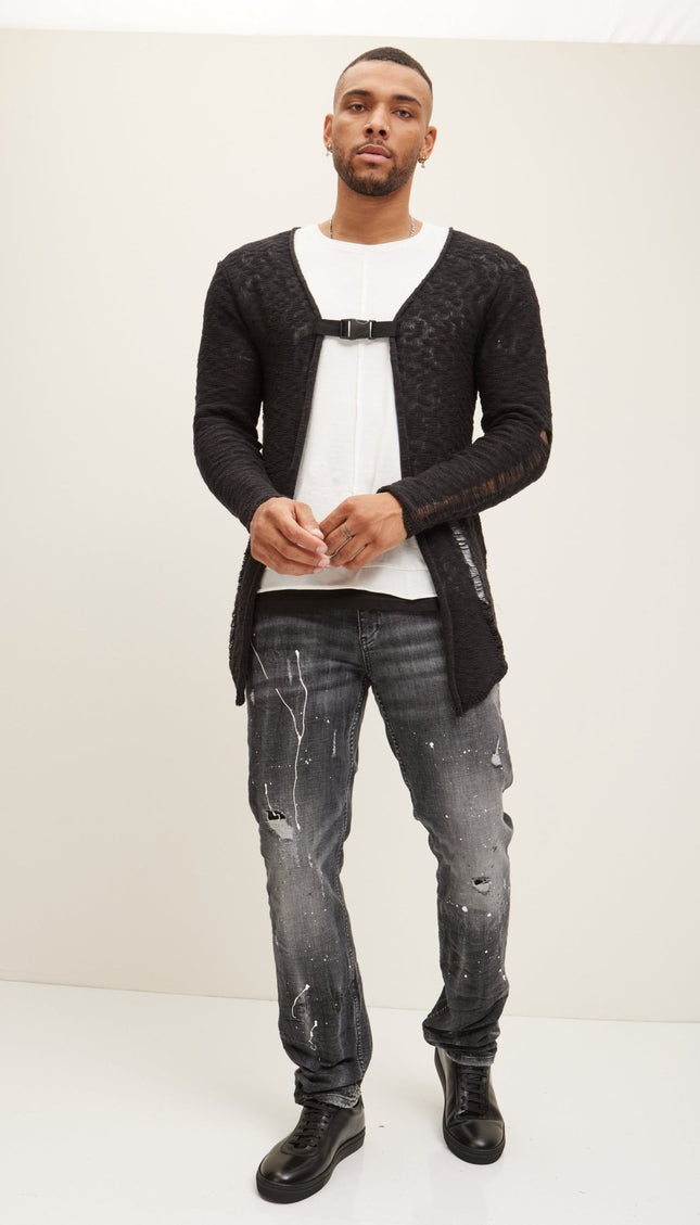 Buckled Long Cardigan - Black White - Ron Tomson