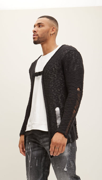 Buckled Long Cardigan - Black White - Ron Tomson