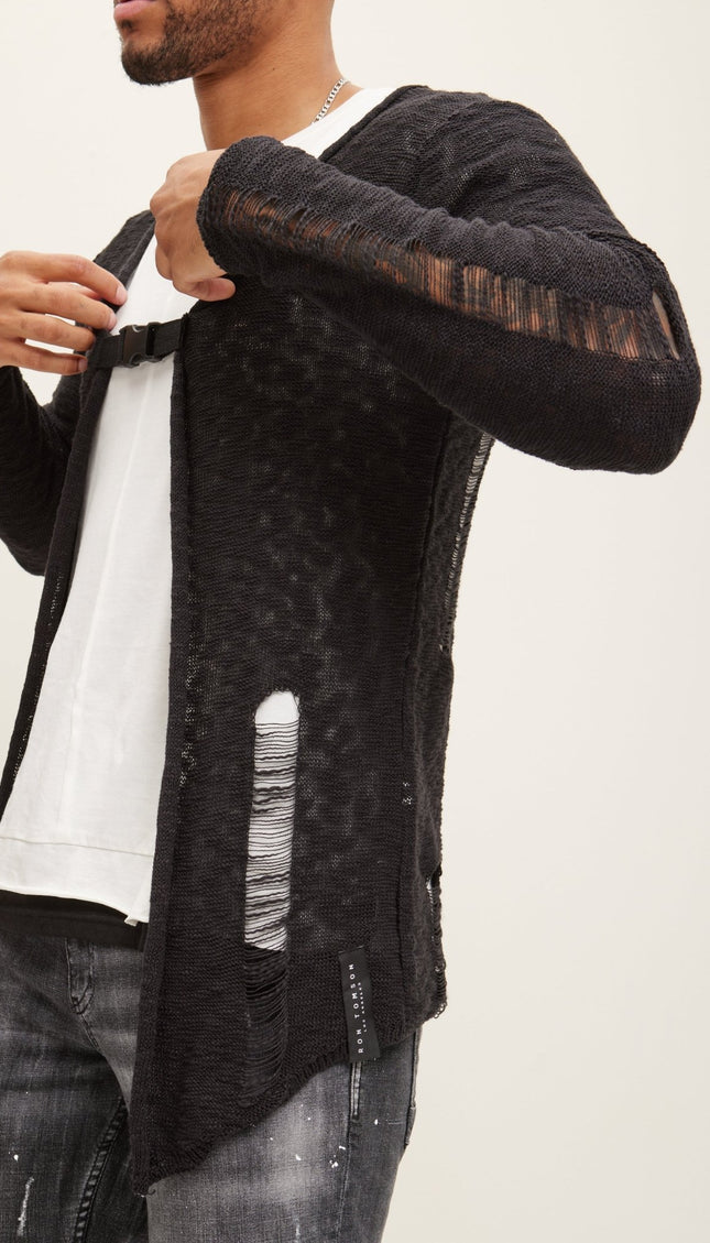 Buckled Long Cardigan - Black White - Ron Tomson