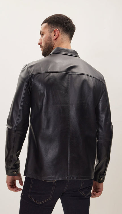 Button Closure Leather Shirt Jacket - Black - Ron Tomson