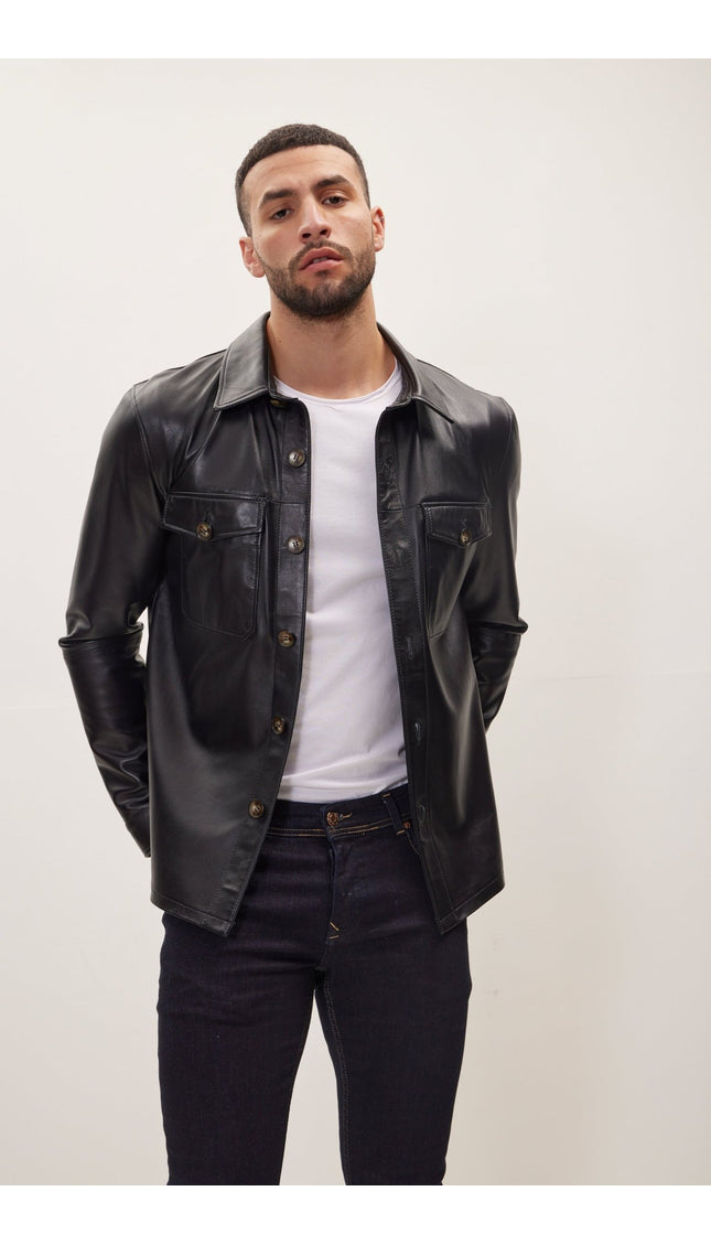 Button Closure Leather Shirt Jacket - Black - Ron Tomson