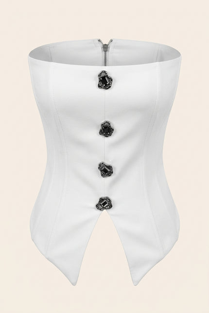 Button Detail Strapless Top - White - Front
