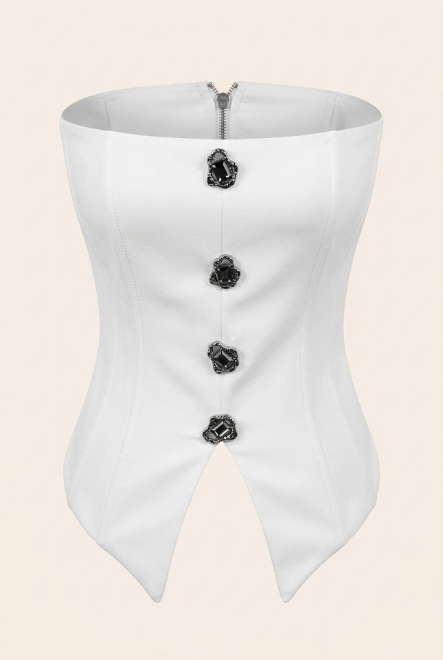 Button Detail Strapless Top - White - Front