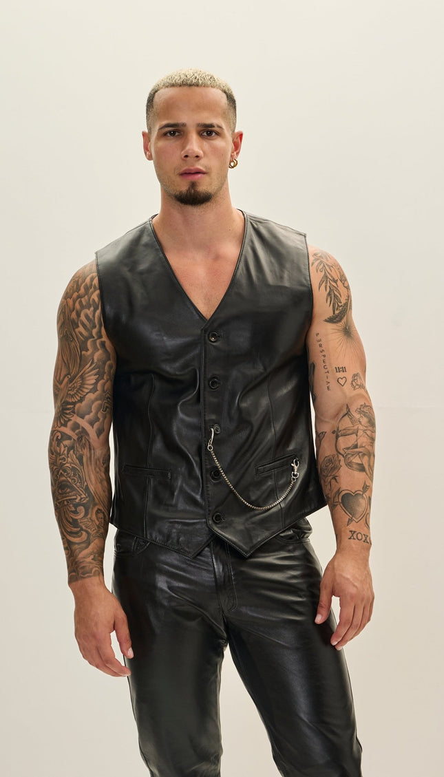 Button Down Leather Vest - Black - Ron Tomson