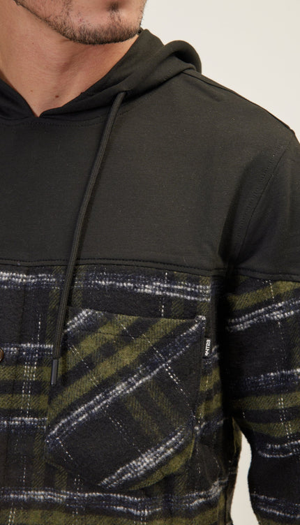 Button Down Plaid Flannel Pullover Hoodie - Green Black - Ron Tomson