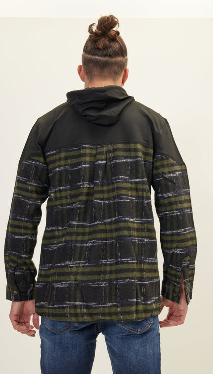 Button Down Plaid Flannel Pullover Hoodie - Green Black - Ron Tomson