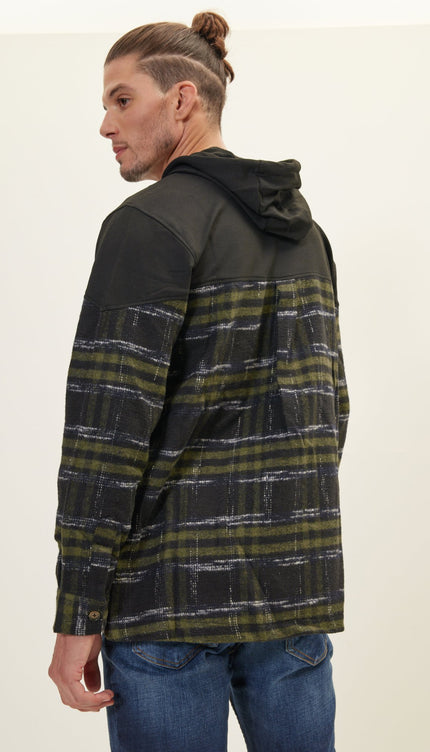 Button Down Plaid Flannel Pullover Hoodie - Green Black - Ron Tomson