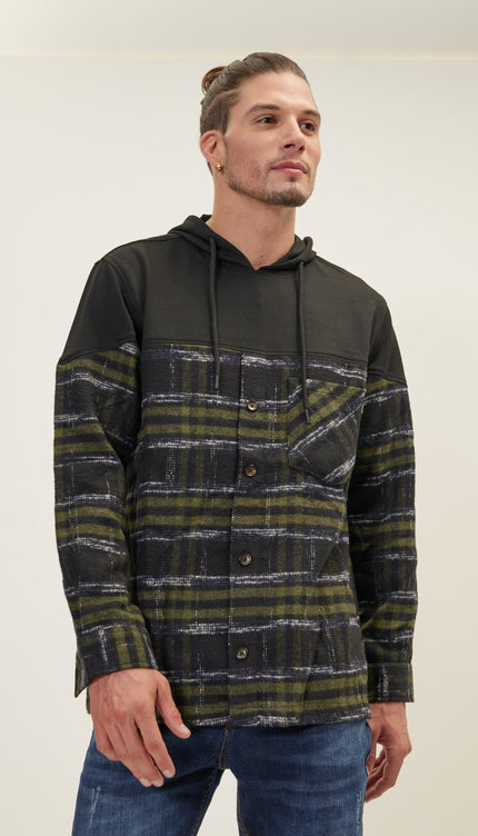 Button Down Plaid Flannel Pullover Hoodie - Green Black - Ron Tomson