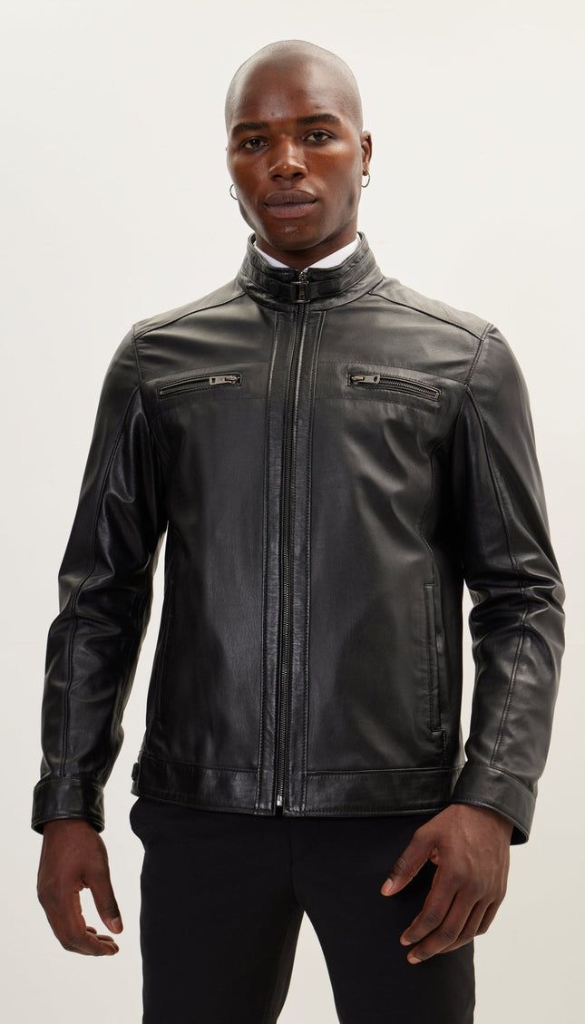 Cafe Racer Leather Jacket - Black - Ron Tomson