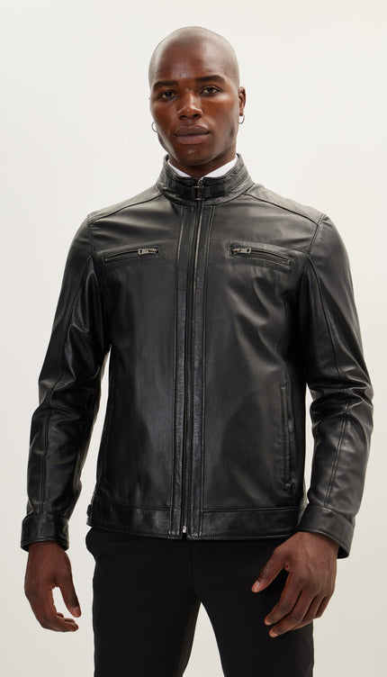 Cafe Racer Leather Jacket - Black - Ron Tomson