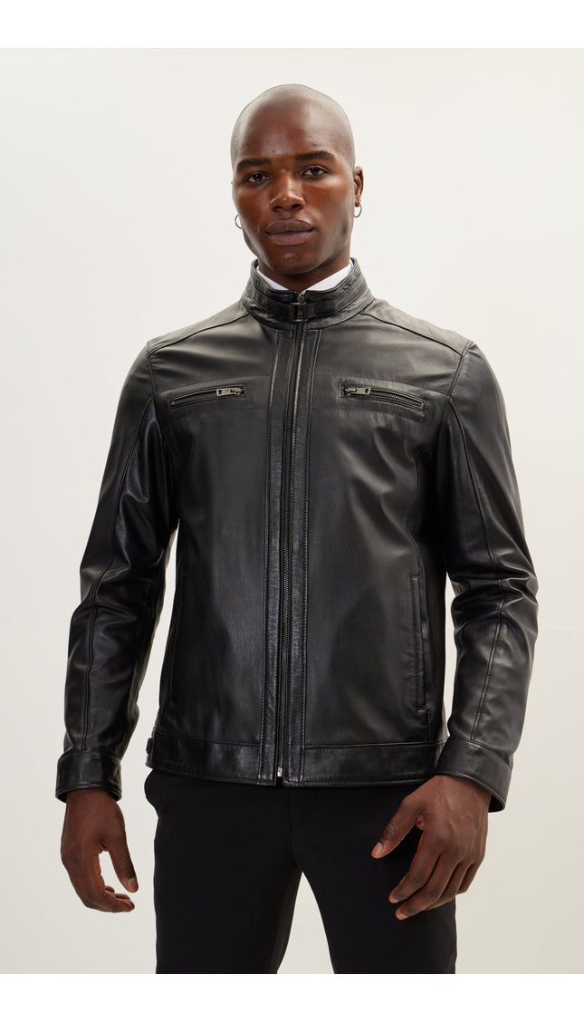 Cafe Racer Leather Jacket - Black - Ron Tomson