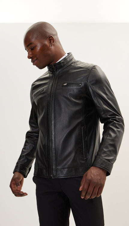 Cafe Racer Leather Jacket - Black - Ron Tomson