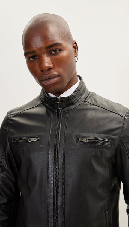 Cafe Racer Leather Jacket - Black - Ron Tomson