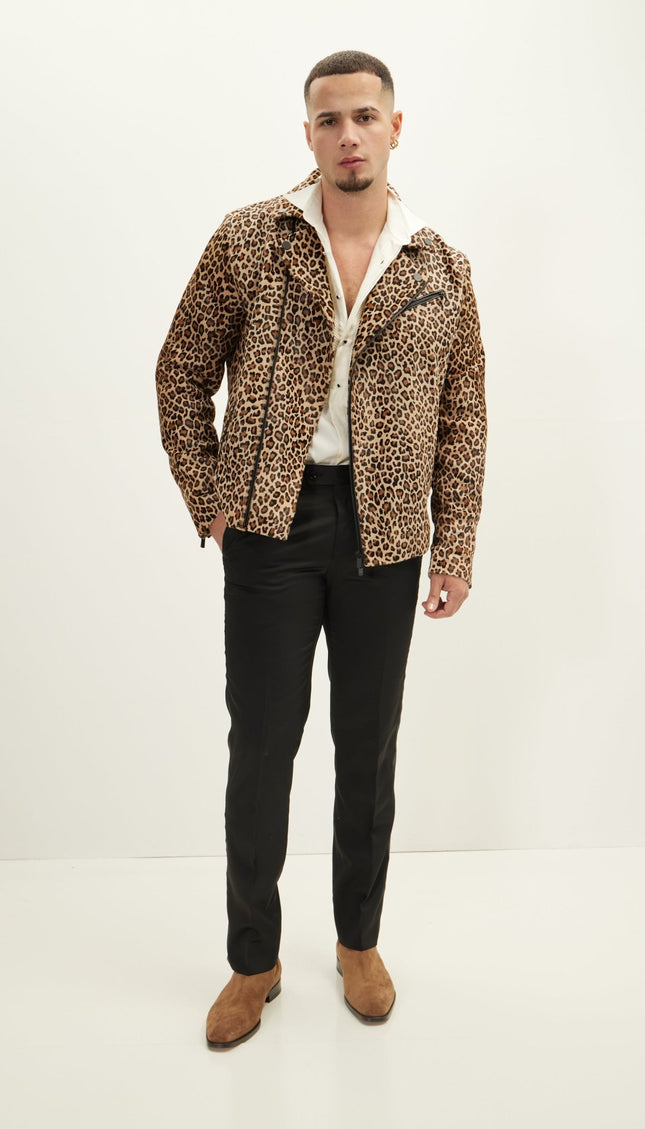 Calf Hide Asymmetric Leather Jacket - Cheetah - Ron Tomson