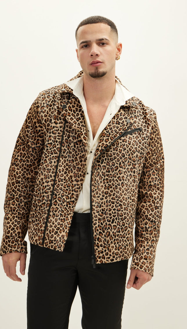 Calf Hide Asymmetric Leather Jacket - Cheetah - Ron Tomson