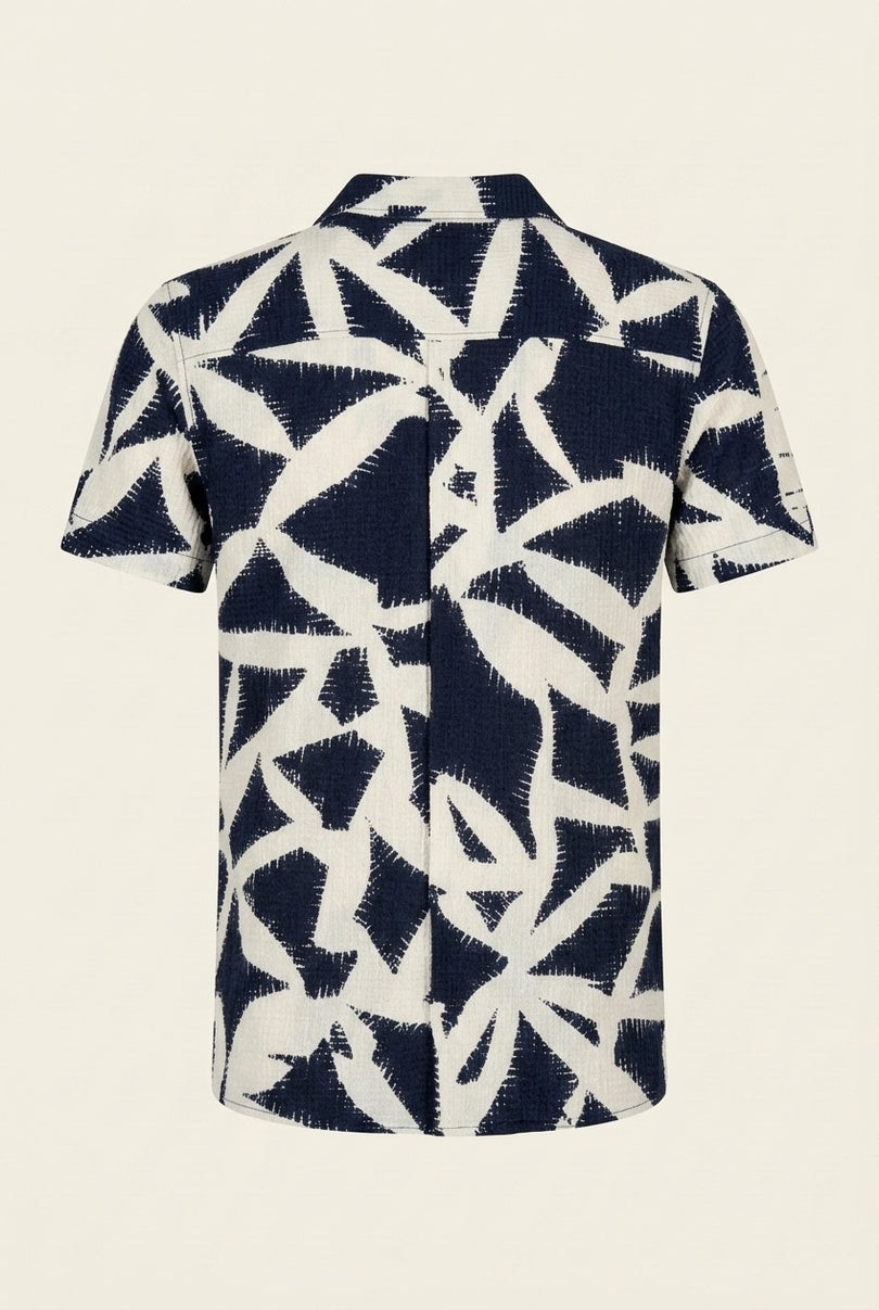 Camp Collar Short-Sleeve Shirt - Beige Navy - Back