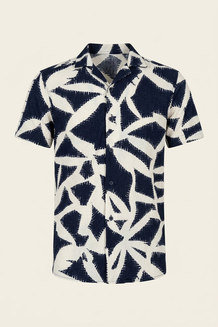 Camp Collar Short-Sleeve Shirt - Beige Navy - Front