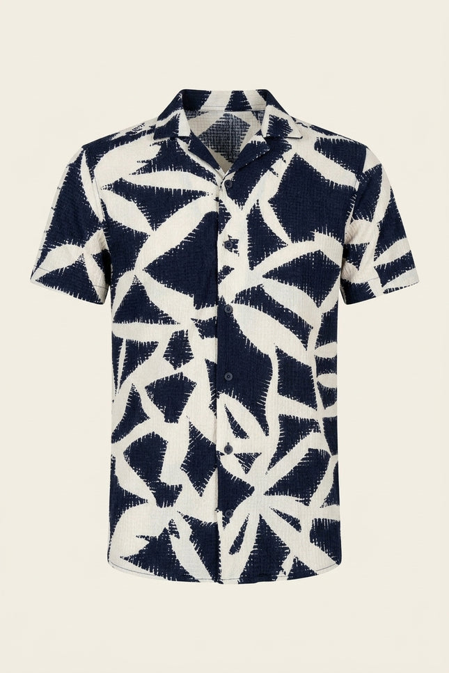 Camp Collar Short-Sleeve Shirt - Beige Navy - Front