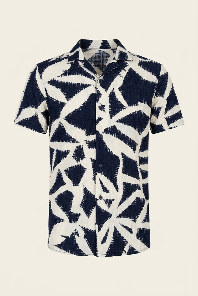 Camp Collar Short-Sleeve Shirt - Beige Navy - Front