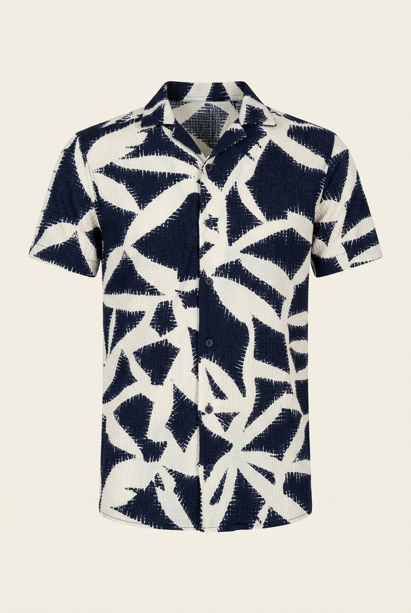 Camp Collar Short-Sleeve Shirt - Beige Navy - Front