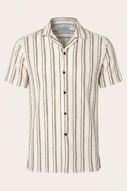 Camp Collar Striped Short-Sleeve Shirt - Stone - Front