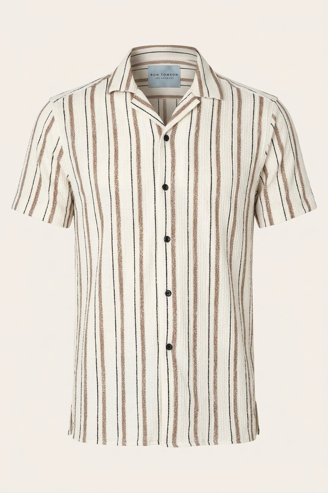 Camp Collar Striped Short-Sleeve Shirt - Stone - Front