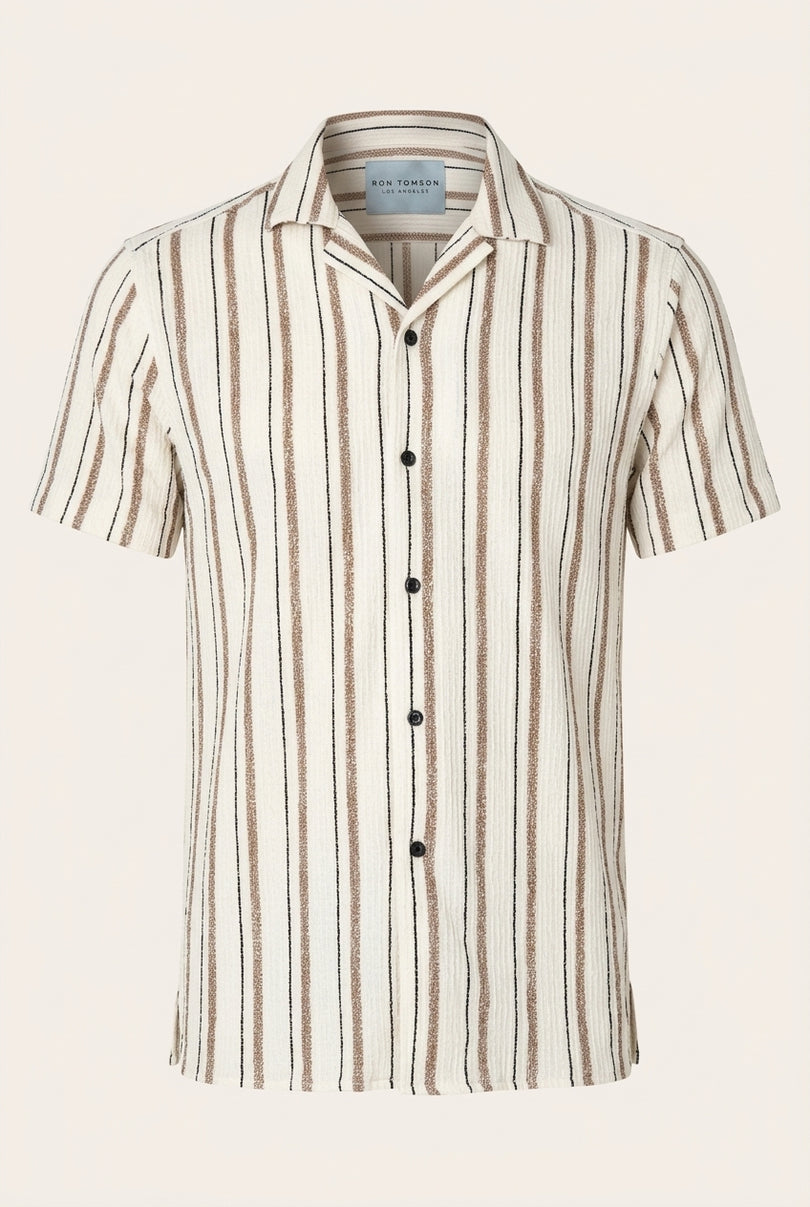 Camp Collar Striped Short-Sleeve Shirt - Stone - Front
