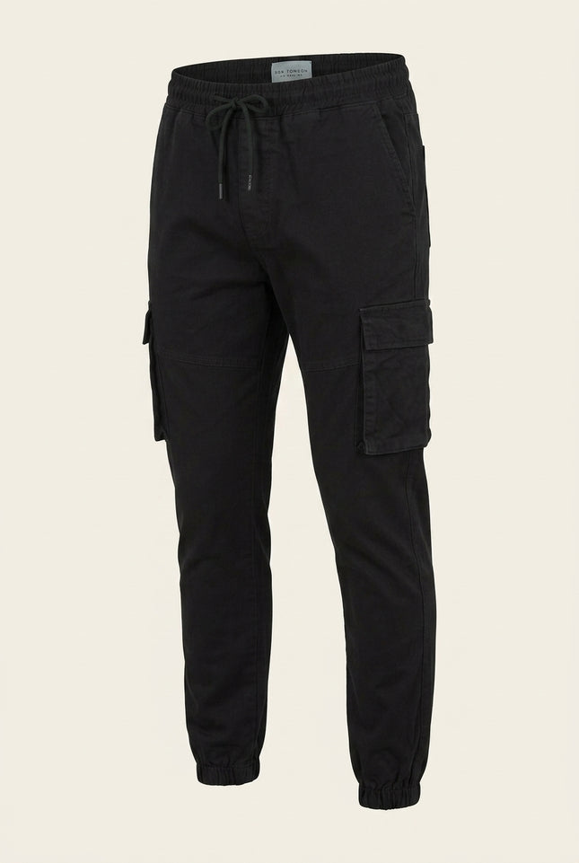 Canvas Cargo Joggers - Black - Front
