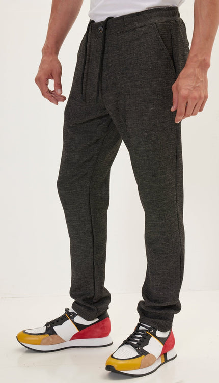 Casual One Button & Drawstring Closure Pants - Black - Ron Tomson
