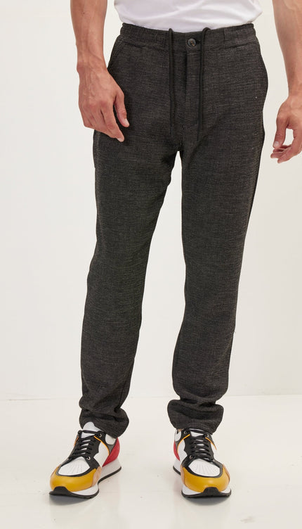 Casual One Button & Drawstring Closure Pants - Black - Ron Tomson