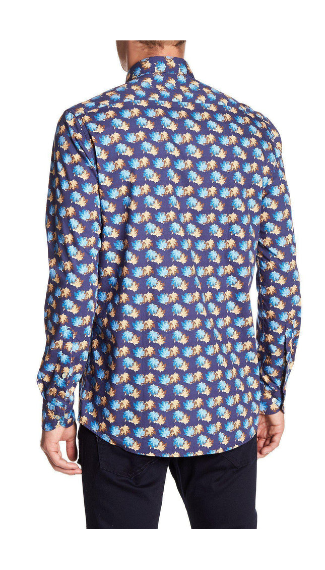 Casual Printed Shirt - Navy Turquoise - Ron Tomson