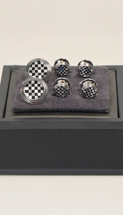 Checkered Circular Cufflinks Stud Set Silver - Ron Tomson