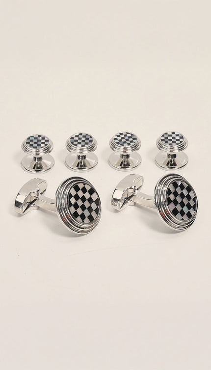 Checkered Circular Cufflinks Stud Set Silver - Ron Tomson