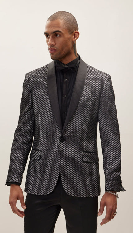 Checkered Lace Weave Shawl Lapel Tuxedo Jacket - Black White - Ron Tomson
