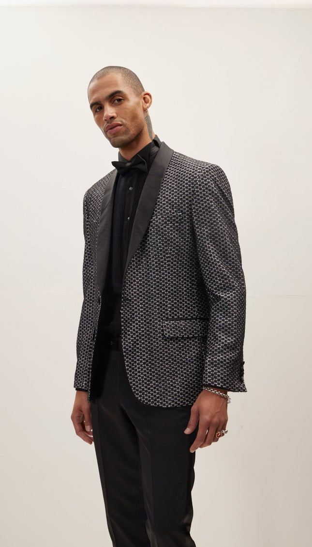 Checkered Lace Weave Shawl Lapel Tuxedo Jacket - Black White - Ron Tomson