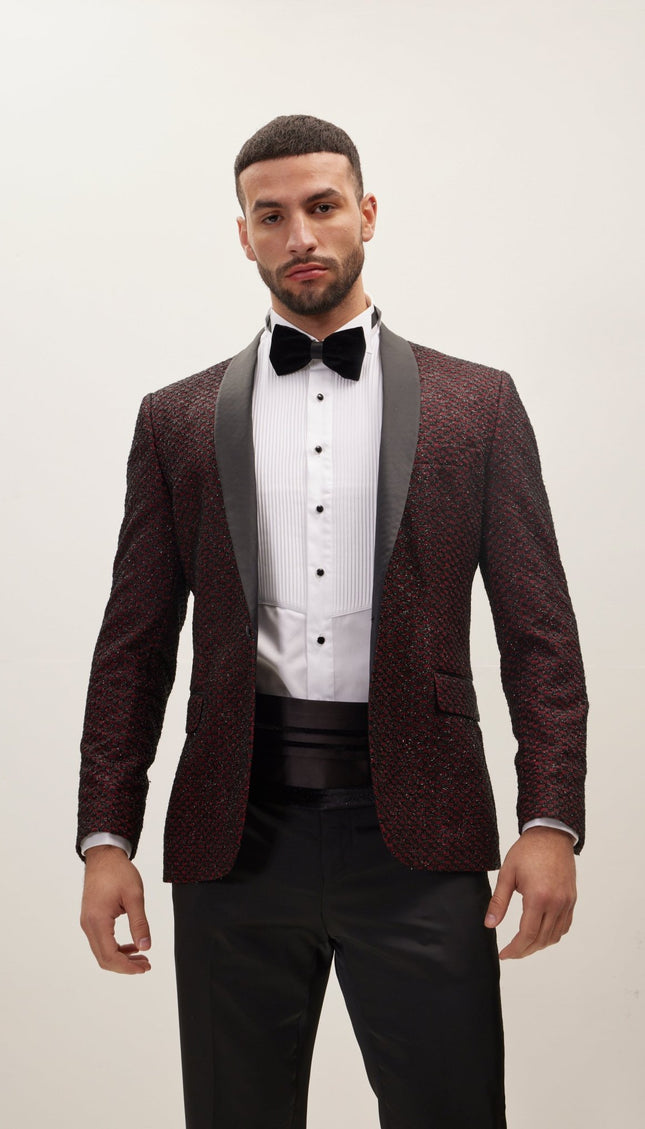 Checkered Lace Weave Shawl Lapel Tuxedo Jacket - Burgundy Tuxedo - Ron Tomson