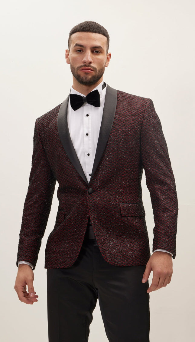 Checkered Lace Weave Shawl Lapel Tuxedo Jacket - Burgundy Tuxedo - Ron Tomson