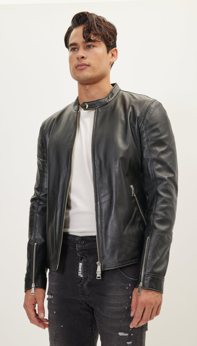 Classic Cafe Racer Leather Jacket - Black Falcon - Ron Tomson
