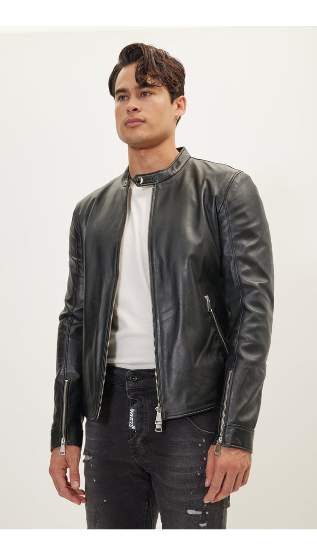 Classic Cafe Racer Leather Jacket - Black Falcon - Ron Tomson