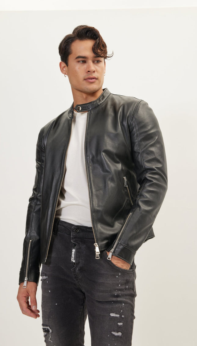 Classic Cafe Racer Leather Jacket - Black Falcon - Ron Tomson
