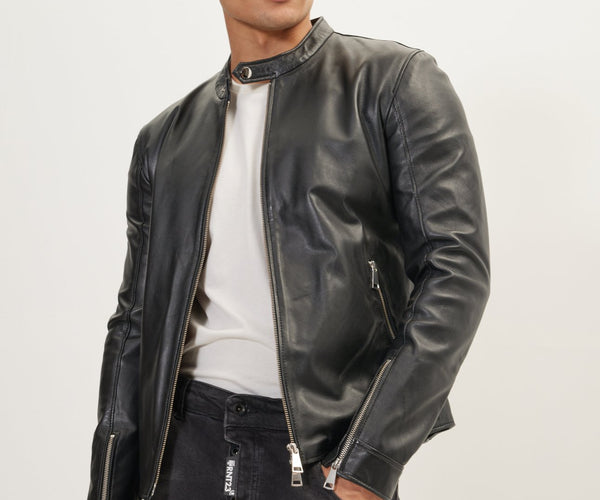 Classic Cafe Racer Leather Jacket - Black Falcon - Ron Tomson 