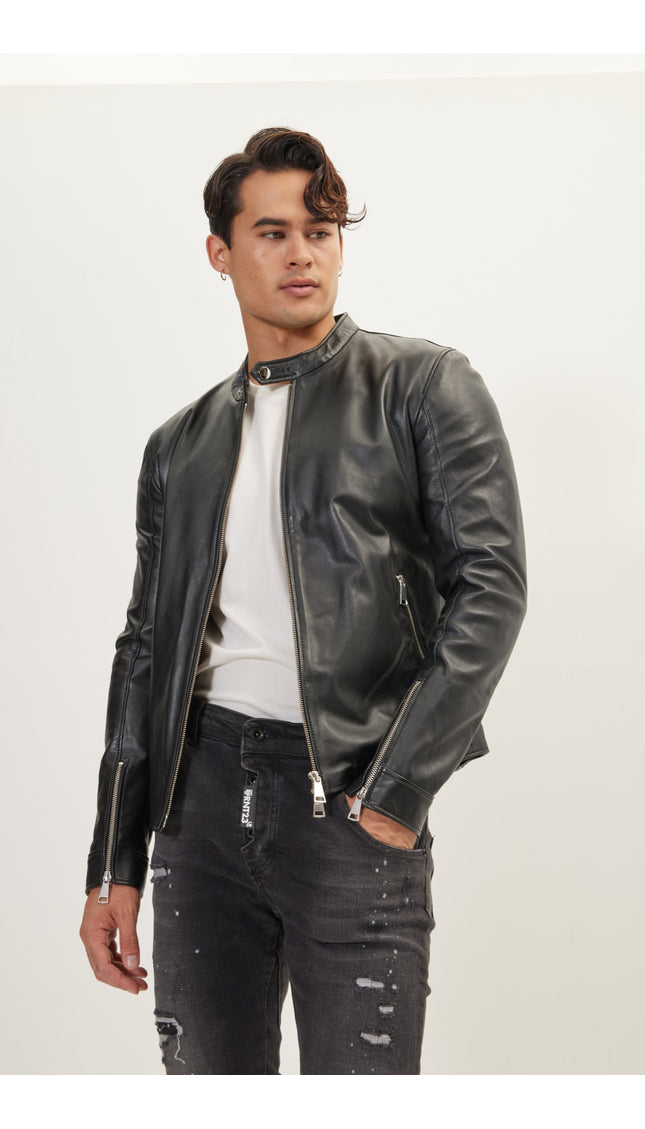 Classic Cafe Racer Leather Jacket - Black Falcon - Ron Tomson