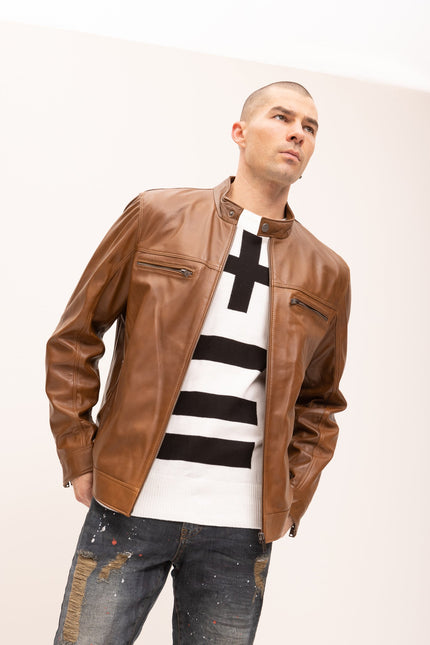 Men's Classic Genuine Leather Jacket - Brown - Ron Tomson Leather