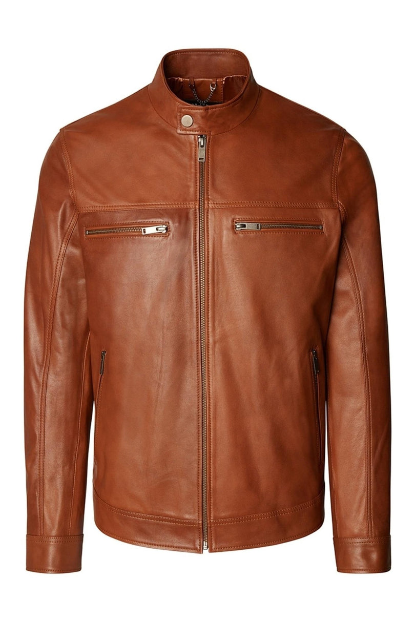 Men's Classic Genuine Leather Jacket - Brown - Ron Tomson Leather