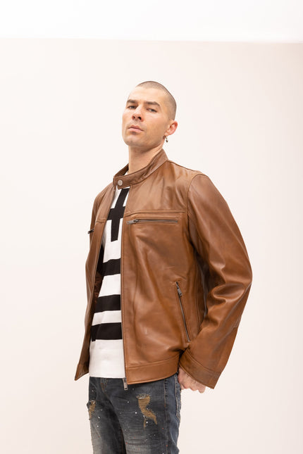 Men's Classic Genuine Leather Jacket - Brown - Ron Tomson Leather