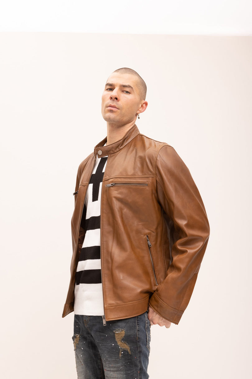 Men's Classic Genuine Leather Jacket - Brown - Ron Tomson Leather