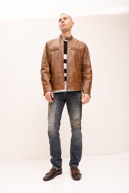 Men's Classic Genuine Leather Jacket - Brown - Ron Tomson Leather