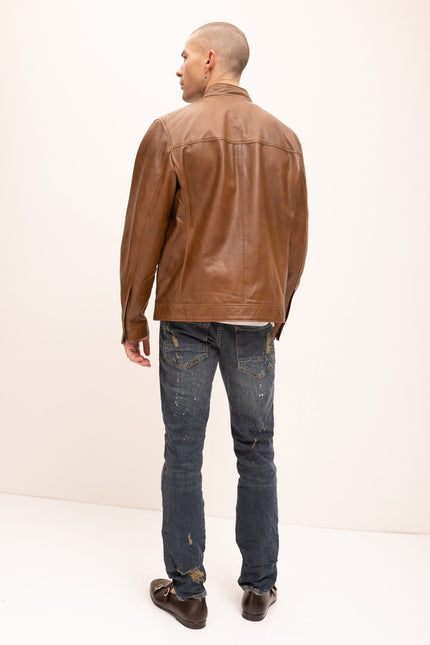 Men's Classic Genuine Leather Jacket - Brown - Ron Tomson Leather